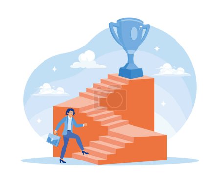 Illustration for Businesswoman walking up the stairs achieving business goals. Success inspiration. Success Business concept. Flat vector illustration. - Royalty Free Image