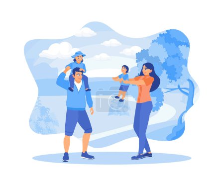 Illustration for Happy little family spending the weekend together walking and playing in the park. A couple of happy, funny parent concepts. Flat vector illustration. - Royalty Free Image