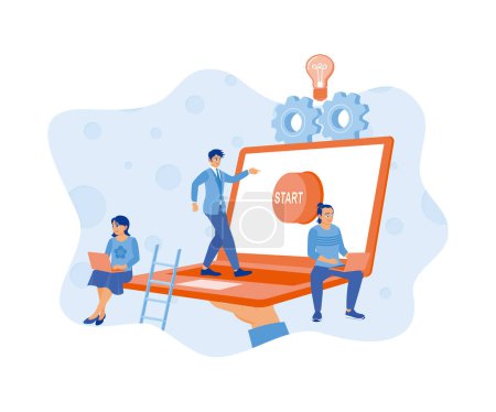 Illustration for Men and women increase education in computer technology. The boss presses the start button on the laptop. Education concept. flat vector modern illustration - Royalty Free Image