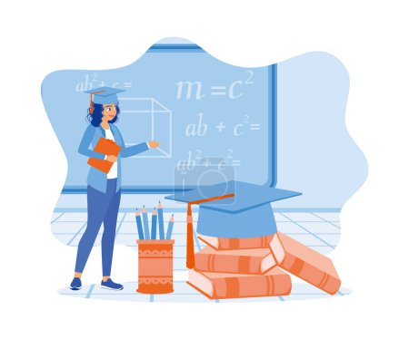 Illustration for Young woman with documents and wearing a graduation cap. Education and science. Education concept. Flat vector illustration. - Royalty Free Image