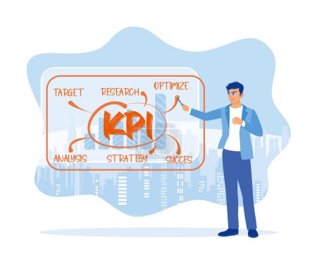 Téléchargez les illustrations : Homme d'affaires créant le concept KPI à l'aide d'un crayon à l'écran. Concept intelligent de KPI. illustration moderne vectorielle plate - en licence libre de droit