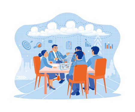 Illustration for Business team working and talking together. Discussing about starting an IT business at a large conference table using wireless cloud computing services. A team of people is sitting at desks with laptops. flat vector modern illustration - Royalty Free Image