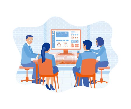 Illustration for A team of IT experts is sitting in front of computers. Develop UI and UX designs for mobile applications. APP device concept. flat vector modern illustration - Royalty Free Image