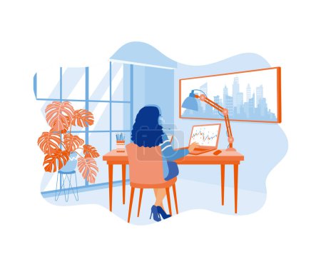 Illustration for Businesswoman wearing headset working at home. Analyzing stock market trading indices on the laptop screen. Stock Trading concept. flat vector modern illustration - Royalty Free Image