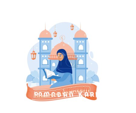 Muslim woman reading the Quran. Mosque and lanterns in the background. Ramadan Kareem concept. Flat vector modern illustration.