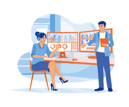 A woman using headphones to talk with her fellow editor on a work project. They work in a creative loft office with two screens. Video Editor concept. Flat vector illustration.