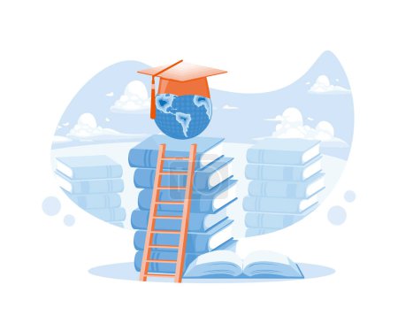Illustration for A study rises to the pile of books. A concept of the educational process. Distance education and scale that achieve knowledge and freedom. Students in the learning process. flat vector modern illustration - Royalty Free Image