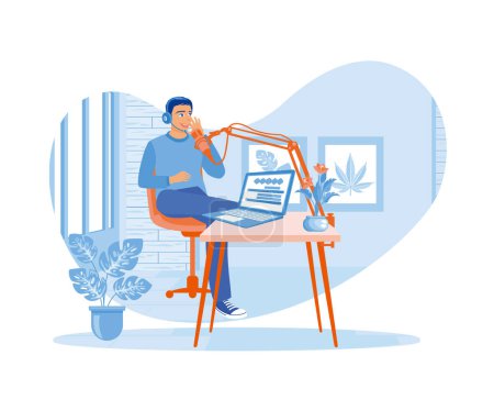 Illustration for A vlogger creates a podcast in a home studio using a laptop and a professional microphone. Content Creator concept. Flat vector illustration. - Royalty Free Image