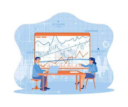 Illustration for Two colleagues are sitting in a conference room. Using a laptop to analyze company financial charts. Finance and innovation concept. trend flat vector modern illustration - Royalty Free Image