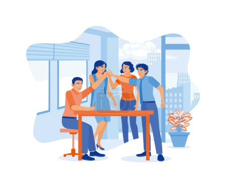 Illustration for Happy business team high-fiving each other. Group of happy people celebrating success together inside the office. Celebration concept. Flat vector illustration. - Royalty Free Image