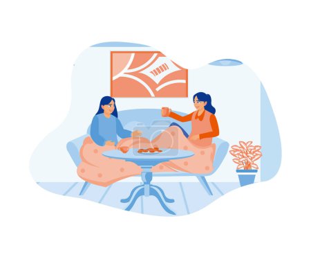 Illustration for Two young women sitting on the sofa with blankets at their feet laugh, enjoying the house in winter while drinking tea with cakes. Smiling woman friends drinking tea at home. flat vector modern illustration - Royalty Free Image