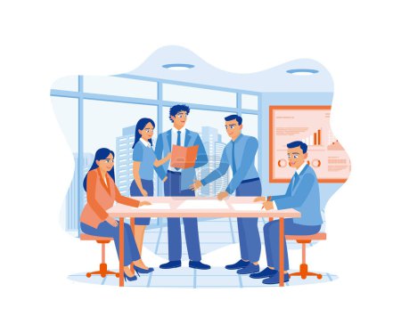 Illustration for Senior female CEOs and multicultural business people discuss company presentations at the meeting room table. Diverse company team working together in meeting room office. Agency worker meeting a client. flat vector modern illustration - Royalty Free Image