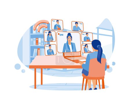 Illustration for The female worker is holding a Webcam group conference with colleagues on a modern laptop at home. Agency worker meeting a client. flat vector modern illustration - Royalty Free Image