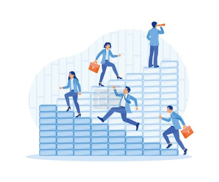 Illustration for Manager standing on stairs looking with binoculars. Employees walk up the stairs to reach targets. Success Business concept. Flat vector illustration. - Royalty Free Image