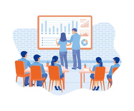 Illustration for Two businessmen are having a meeting with colleagues in the office. Analyzing financial data graphs on a digital screen. Finance control scenes concept. flat vector modern illustration - Royalty Free Image