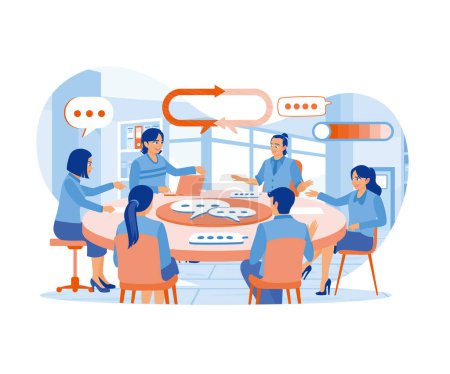 Illustration for People meet in the office to discuss the concept of communication in social networks. Team communication. flat vector modern illustration - Royalty Free Image