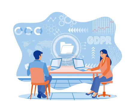 Ilustración de Un hombre y una mujer están sentados y utilizando un ordenador portátil con el símbolo de concepto gdpr. El Reglamento General de Protección de Datos o el Concepto GDPR. vector plano ilustración moderna - Imagen libre de derechos