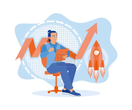 Illustration for A businessman is sitting in a chair analyzing company statistical graphs. Successful career take of concept. Flat vector illustration. - Royalty Free Image