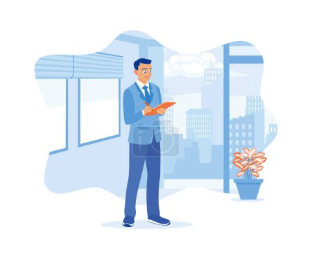 Illustration for Male boss using a tablet in office. Analyzing office financial data. Finance control scenes concept. flat vector modern illustration - Royalty Free Image
