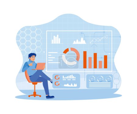 Illustration for Young businessman using a laptop to analyze financial charts and plan business marketing. Start up Programming Team. Big Data Technology for Business Finance Analysis Concept. trend flat vector modern illustration - Royalty Free Image