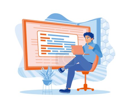 Illustration for A team of front-end developers is brainstorming UI and UX designs on a laptop computer screen. They work in modern offices. APP devs concept. Flat vector illustration. - Royalty Free Image