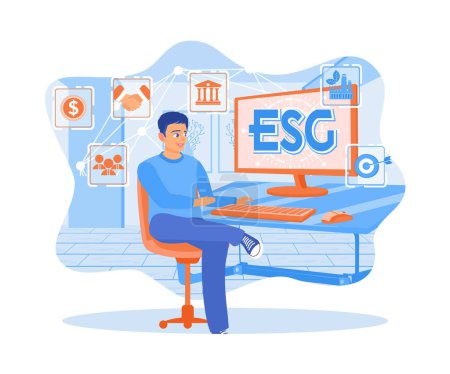 Illustration for The man is sitting analyzing investment concept business strategy governance social environment ESG. Sustainable economic growth with renewable energy and natural resources concept. Flat vector illustration. - Royalty Free Image
