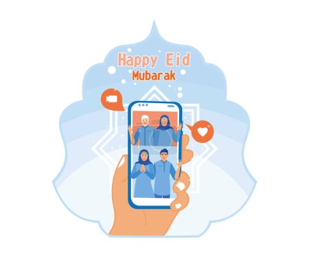 Illustration for Muslim family celebrates Eid al Fitr together. Make phone calls to apologize to each other. Happy Eid Mubarak concept. flat vector modern illustration - Royalty Free Image