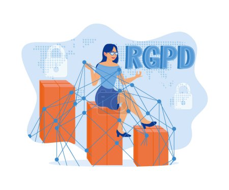 Illustration for A woman in glasses is sitting and working with information. General Data Protection Regulation. The General Data Protection Regulation or GDPR Concept. flat vector modern illustration - Royalty Free Image