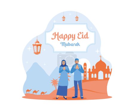Téléchargez les illustrations : Heureux couple musulman accueillant et célébrant l'Aïd al Fitr. Mosquée et chameaux en arrière-plan. Joyeux Eid Moubarak concept. illustration moderne vectorielle plate - en licence libre de droit