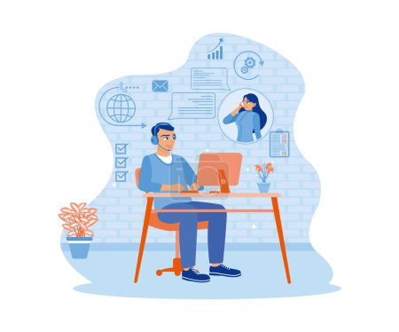Illustration for Friendly young man working in a call center office. Operators and customers. Woman with phone calling to customer support service concept. flat vector modern illustration - Royalty Free Image