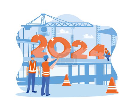 Illustration for A group prepares an event to welcome New Year's Eve 2024. I am installing numbers on a tall building with a crane. Happy New Year 2024 concept. Trend Modern vector flat illustration - Royalty Free Image