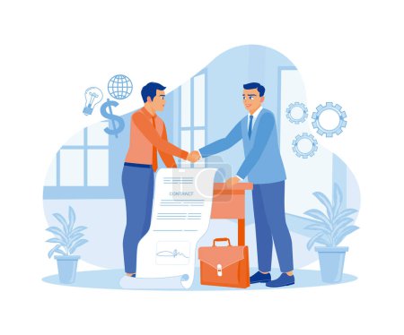 Illustration for Businessman standing at an office desk. Shaking hands after signing a business contract. Contract agreement concept. Flat vector illustration. - Royalty Free Image