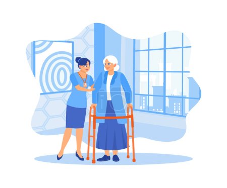 A nurse is helping a senior woman with a cane. A young caregiver helps a senior woman walk. Elderly Patient concept.Flat vector illustration.