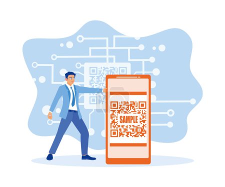 Illustration for The man is using a smartphone with a QR code scanner for online payment. Cashless technology concept. Digital business concept. Flat vector illustration. - Royalty Free Image