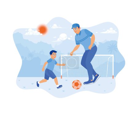Ilustración de Padre e hijo jugando al fútbol en el campo. Pasar las vacaciones con la familia. Concepto infantil. vector plano ilustración moderna - Imagen libre de derechos