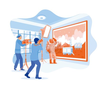 Illustration for The film crew filmed an astronaut film on a large LED screen. The cinematographer shot the march scene. Film Production Concept. Flat vector illustration. - Royalty Free Image