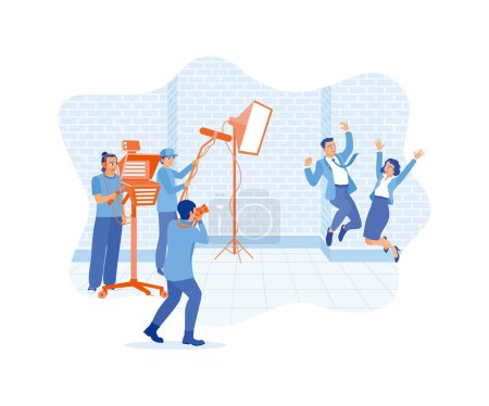 Two models jump in front of the camera. The film crew shot indoors. Film Production Concept. Flat vector illustration.