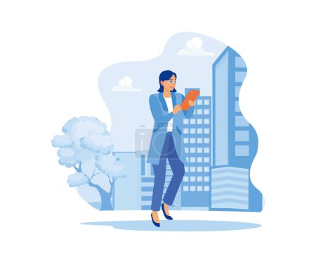 Illustration for A young woman walking along a city street holding a tablet. Using digital devices when outdoors. Happy calm peaceful girl volunteer concept. Trend Modern vector flat illustration - Royalty Free Image