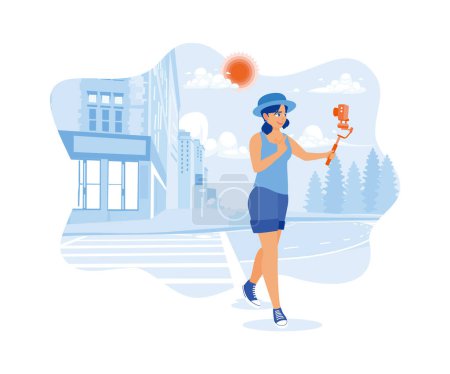 Illustration for A young woman in a hat creates content outdoors. She was recording his activities while walking on city streets during the day. Content Creator concept. Flat vector illustration. - Royalty Free Image
