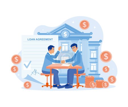 Illustration for Businessman shaking hands with a bank officer. Agree to an agreement to borrow money from the bank. Approved Loan concept. Flat vector illustration. - Royalty Free Image