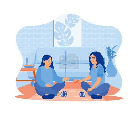 Illustration for Two female friends are sitting on a sofa on the living room floor. Chat while drinking tea together. Smiling woman friends drinking tea at home concept. Flat vector modern illustration. - Royalty Free Image