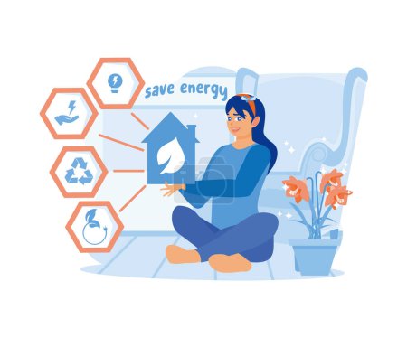 Illustration for A young woman is sitting on the floor holding a greenhouse symbolenvironmentally friendly energy saving concept. I am keeping the planet concept. Trend Modern vector flat illustration. - Royalty Free Image