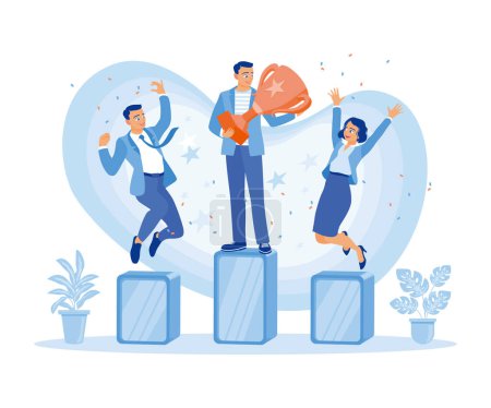 Illustration for People standing on the podium. Jump into the air to celebrate victory. Success Business concept. flat vector modern illustration - Royalty Free Image