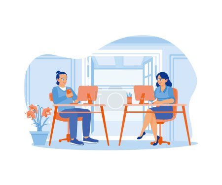 Illustration for The creative manager has two partners in formal work clothes in the office. A man holds a cellphone in his right hand. A team of people is sitting at desks with laptops. flat vector modern illustration - Royalty Free Image