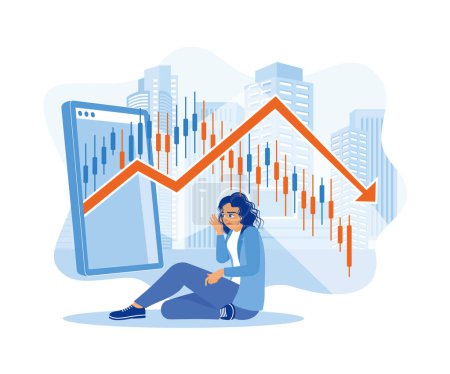 A businesswoman with a sad face is sitting on the floor against the background of candlestick charts and office buildings. Analyze a declining stock market. Stock Trading concept. Flat vector illustration.