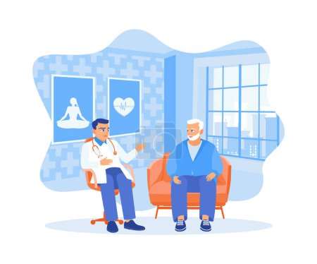 Ilustración de Un médico masculino está hablando con un paciente masculino en casa. Proporcionar consejos de salud a los pacientes. Doctor hablando con el concepto de paciente anciano. Ilustración vectorial plana. - Imagen libre de derechos