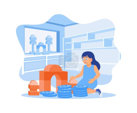 Illustration for The little girl hands are protecting a stack of coins and a house model on the table. Property investment. House Model Balance Equilibrium Concept. Flat vector modern illustration - Royalty Free Image