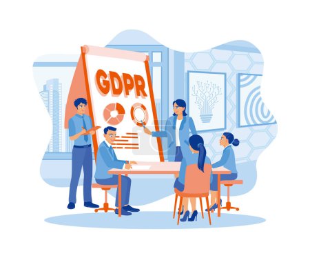 Illustration for The female manager explains new data protection regulations in the office to the employees. General rules for data protection GDPR concept. flat vector modern illustration - Royalty Free Image