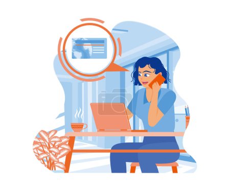 Illustration for Young woman shopping online from home. Call the business owner to confirm the order. Woman with phone calling to customer support service concept. Flat vector illustration. - Royalty Free Image