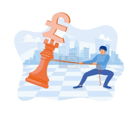 Illustration for Man draws pound symbol on chess board. Controlling office financial growth. Finance control scenes concept. flat vector modern illustration - Royalty Free Image